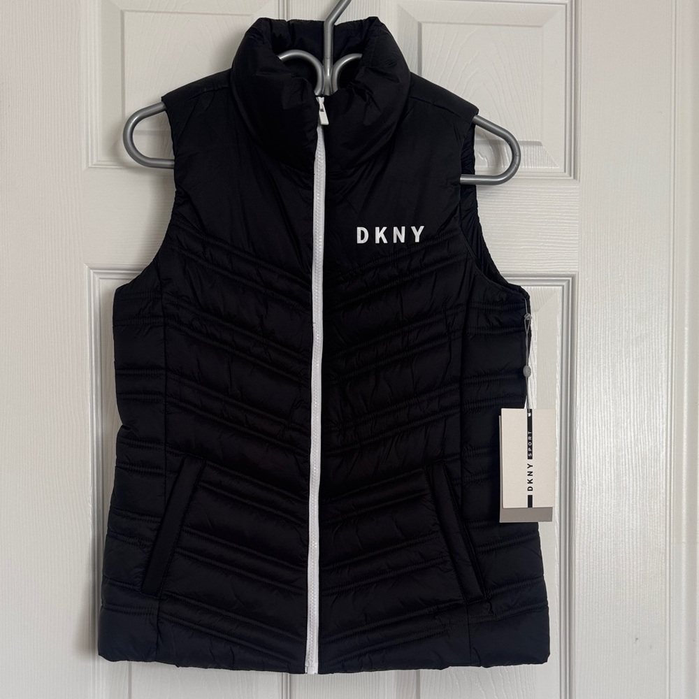 DKNY Black Quilted Puffer Vest with White Zipper Trim